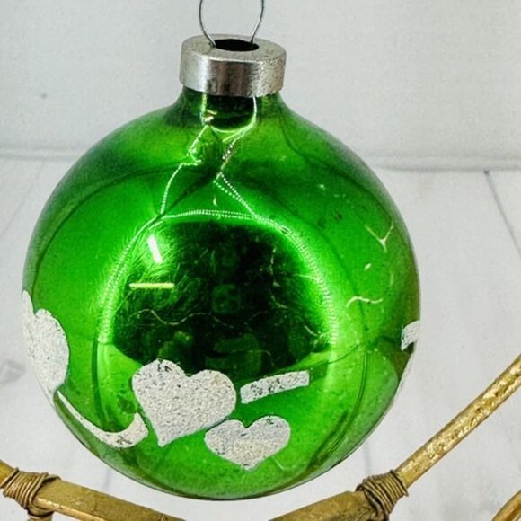 Christmas Tree Ornament Blown Glass Round Mica Hearts Green Ball 3" - Picture 12 of 16